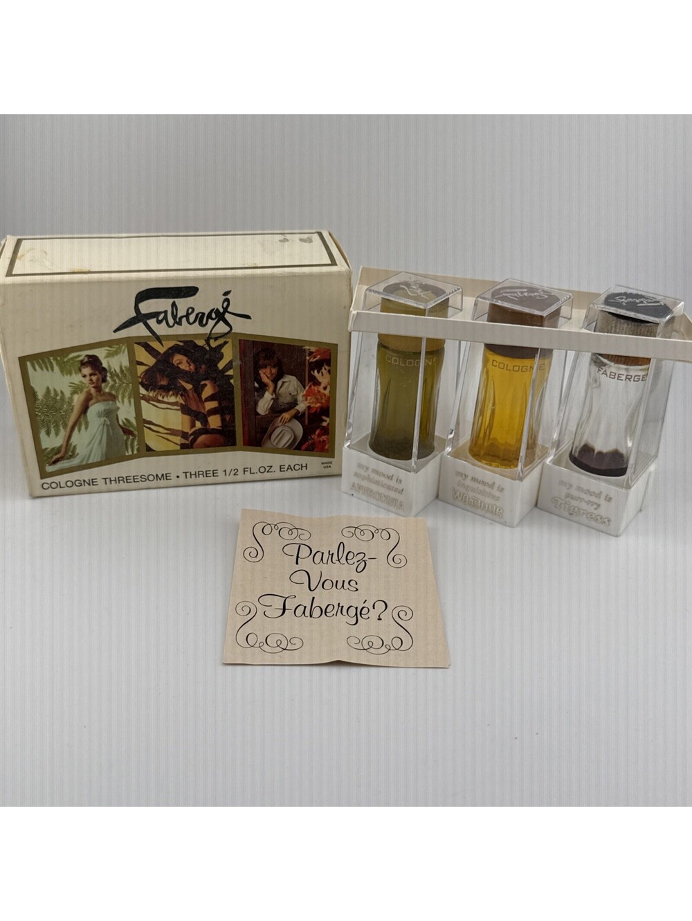 VTG Faberge Threesome Set Perfume Cologne W Box Woodhue Aphrodisia Tigress 1960s